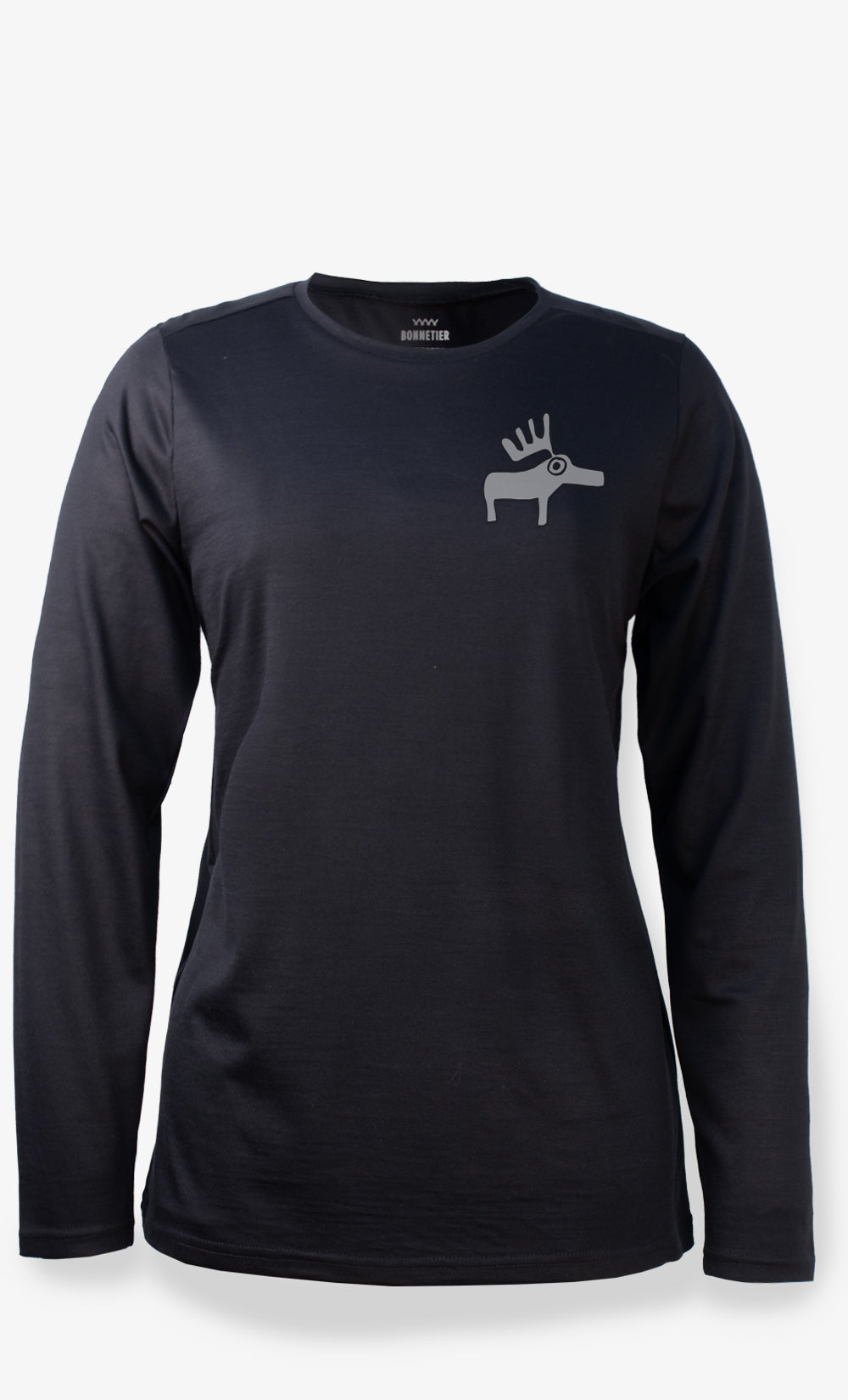 Chandail femme noir en laine mérinos 190 GSM avec motif orignal discret, manches longues, coupe régulière.