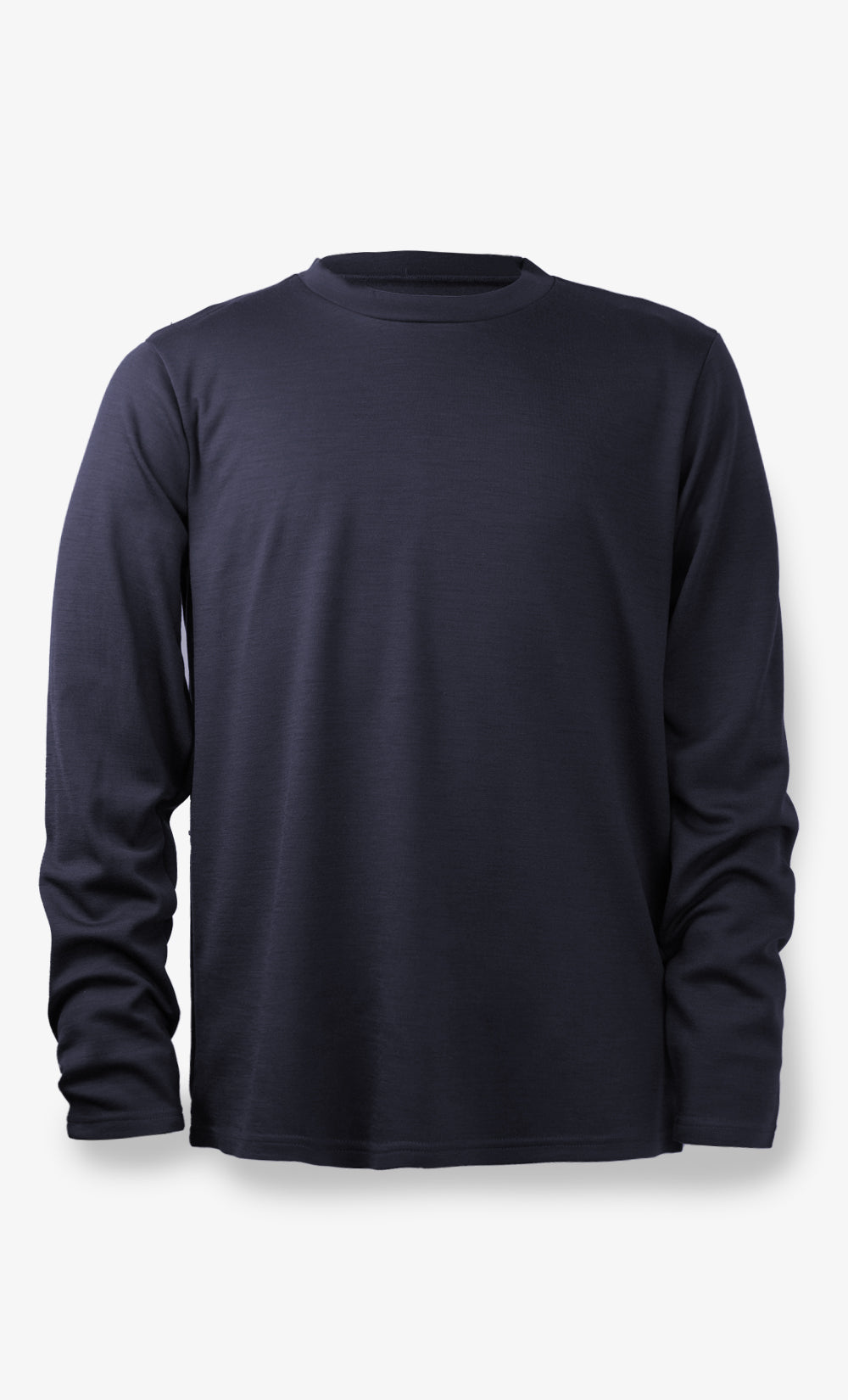 Haut à manches longues bleu marine en laine mérinos brossé, coupe classique et sans motif.