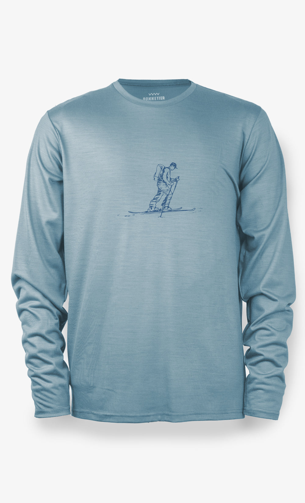 Haut à manches longues bleu glacier pour homme, en laine mérinos, avec illustration discrète sur la poitrine.