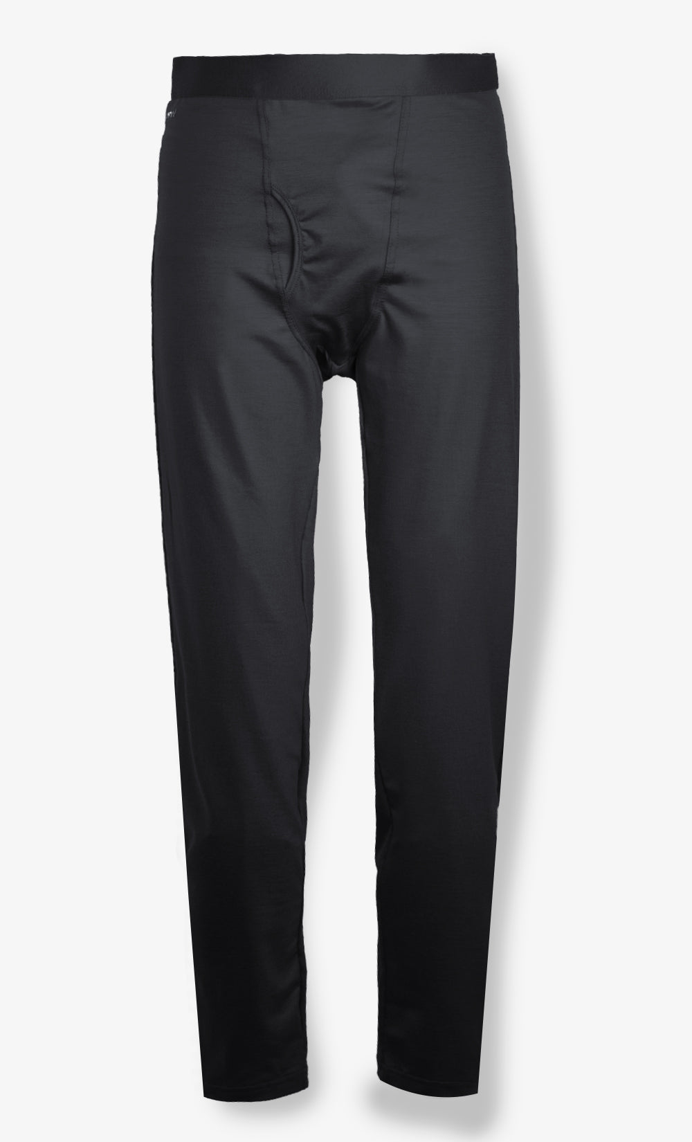 Legging homme noir en laine mérinos 280 GSM avec braguette ouverte et coupe ajustée, idéal pour temps froid.