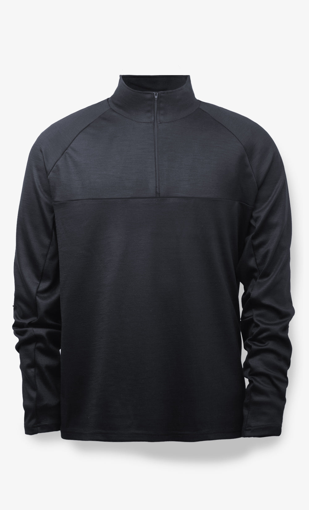 Demi-zip noir en laine mérinos 280 GSM pour homme, col montant et coupe régulière, idéal pour le ski et les activités hivernales.