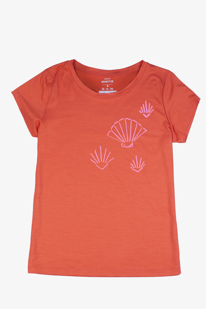 T-Shirt Mérinos Femme Rouge-Orange Ultra Léger - Coquillage