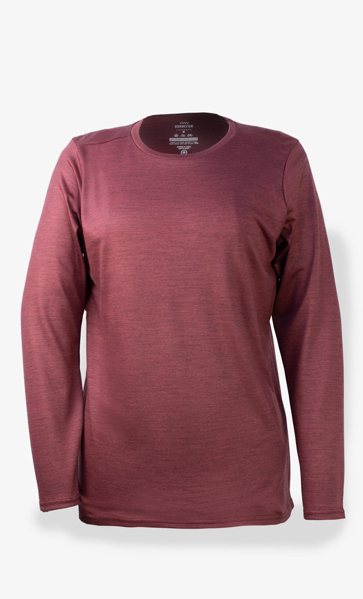 Haut à manches longues en laine mérinos 190 gsm terra-rosa, idéal pour l’hiver et les activités outdoor, offrant chaleur et confort, fabriqué par BONNETIER.