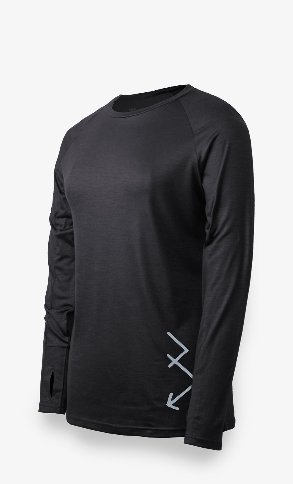 Haut manches longues femme noir en mérinos avec motif flèches et ouvertures pour les pouces, tissu 160 gsm.