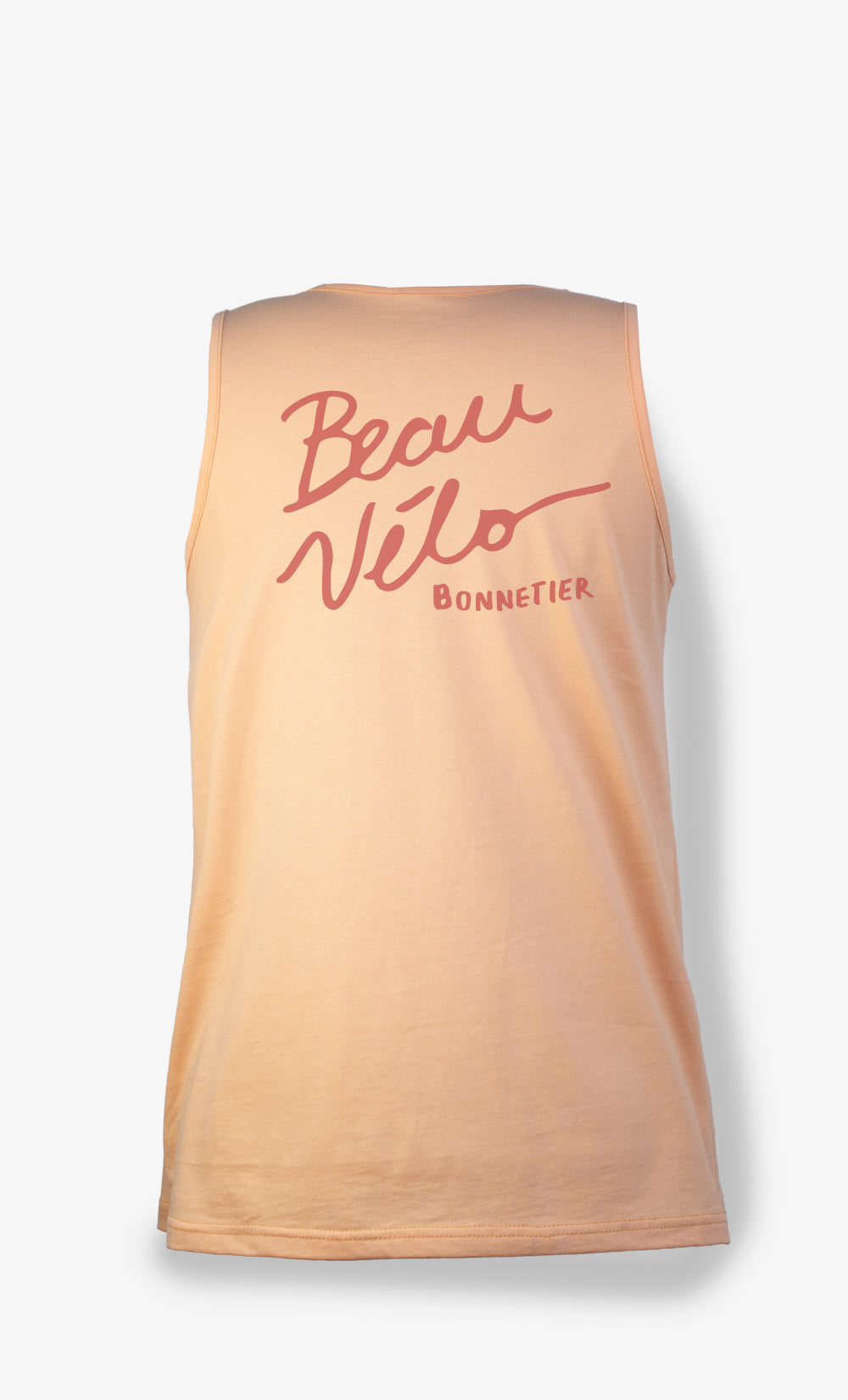 Camisole femme abricot en coton biologique avec imprimé Beau Vélo Bonnetier fabriquée au Canada