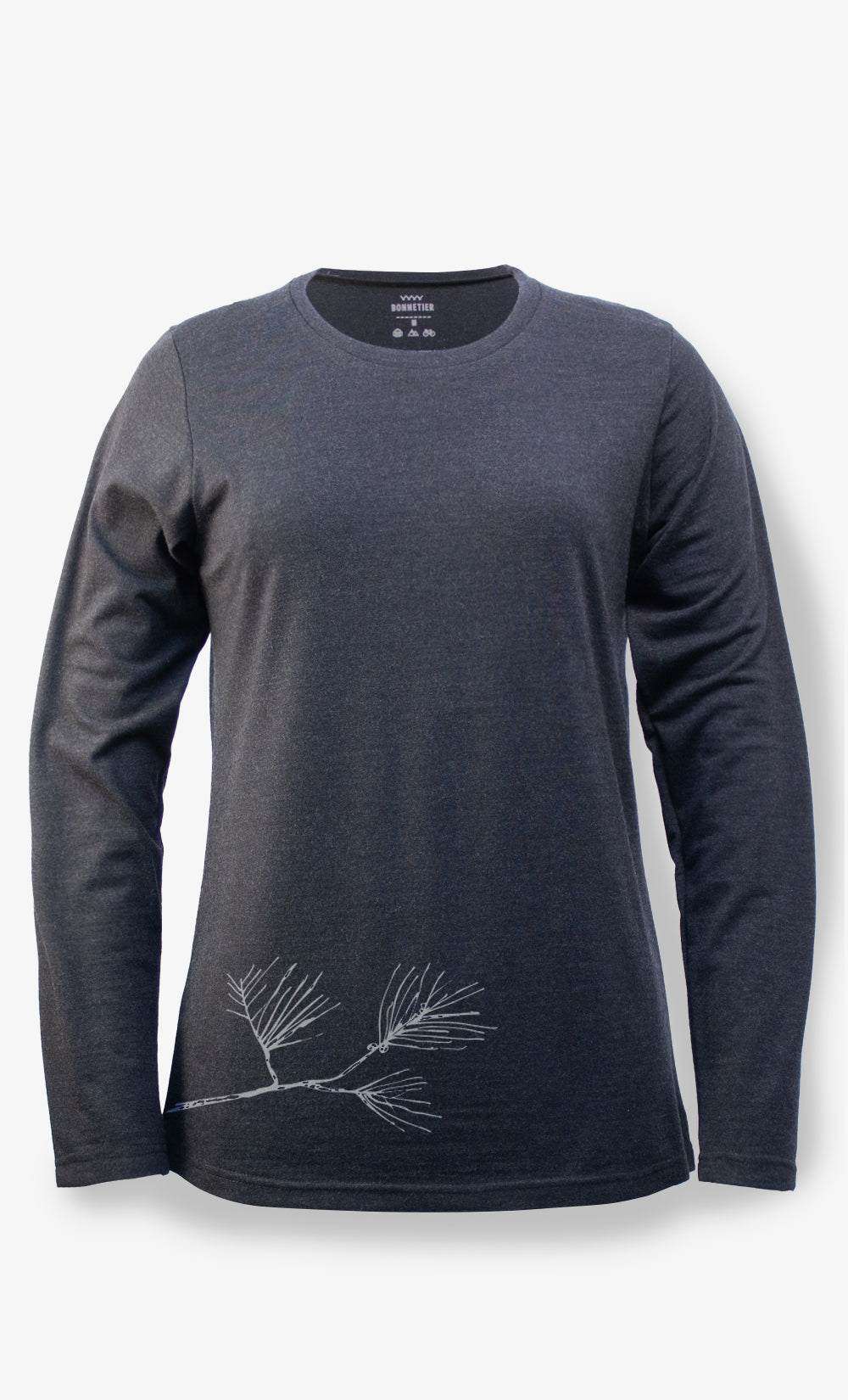 Chandail TechPro Flanelle femme en laine mérinos noir chiné avec imprimé Branche de pin, manches longues, fabriqué au Canada par BONNETIER.