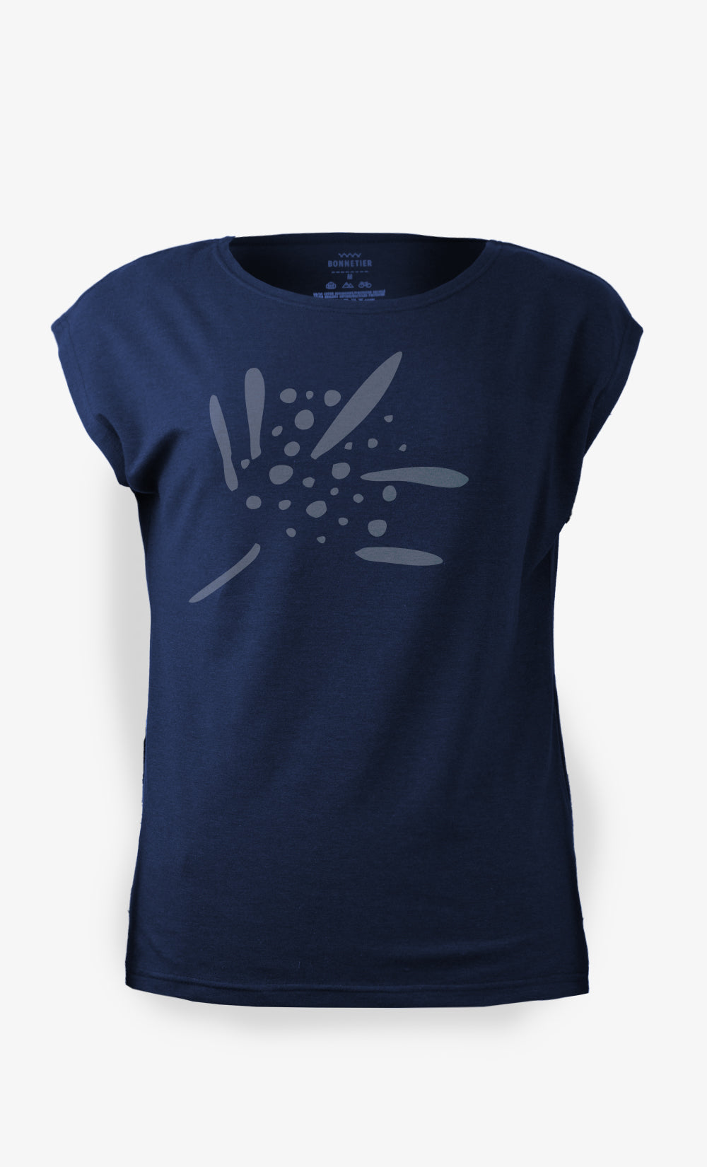 T-shirt Madrid marine pour femme en coton biologique avec imprimé Big Winter Flower ton sur ton, manches courtes, fabriqué au Canada par BONNETIER.