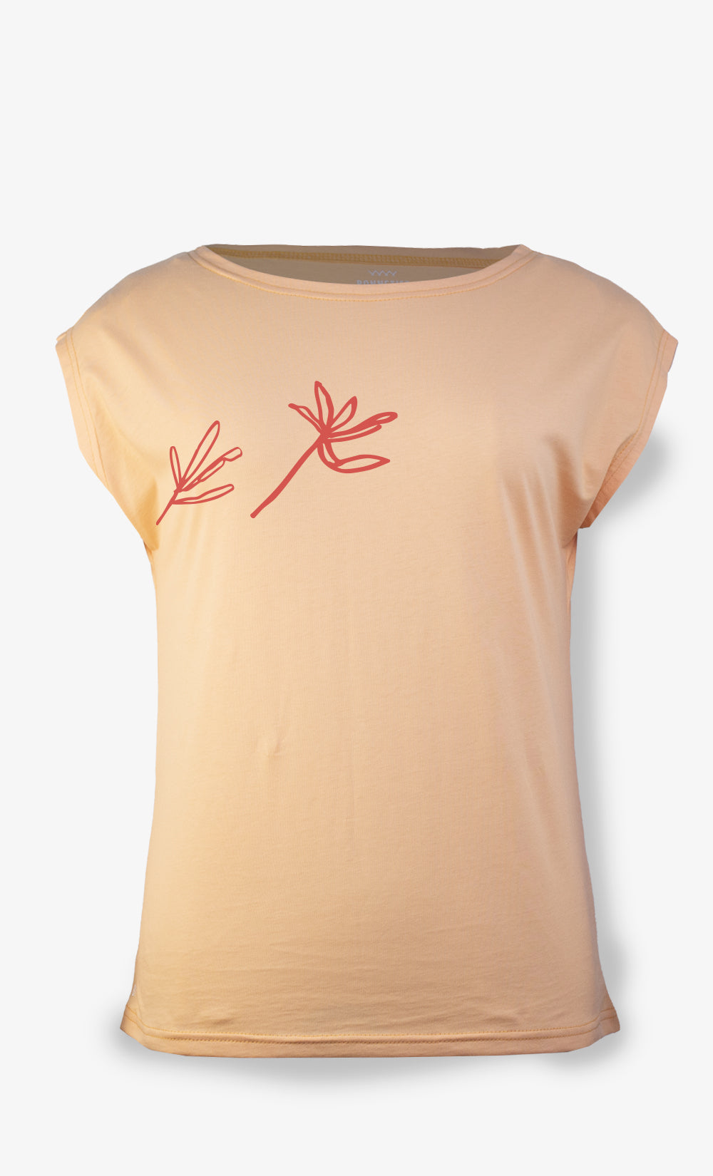 T-shirt Madrid femme abricot en coton organique avec imprimé Asclepias BONNETIER fabriqué au Canada