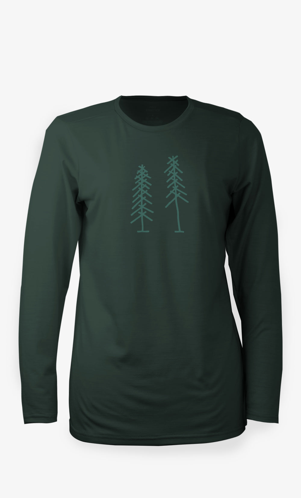 Chandail à manches longues en laine de mérinos vert foncé pour femme BONNETIER avec imprimé Arbre Noël fabriqué au Canada.