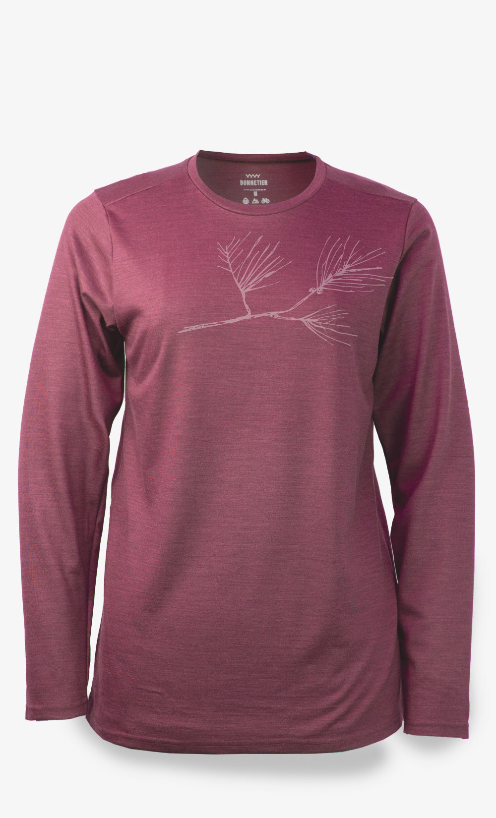 Manches longues 100% Mérino, couleur Terra-Rosa, Imprimé branche, Bonnetier