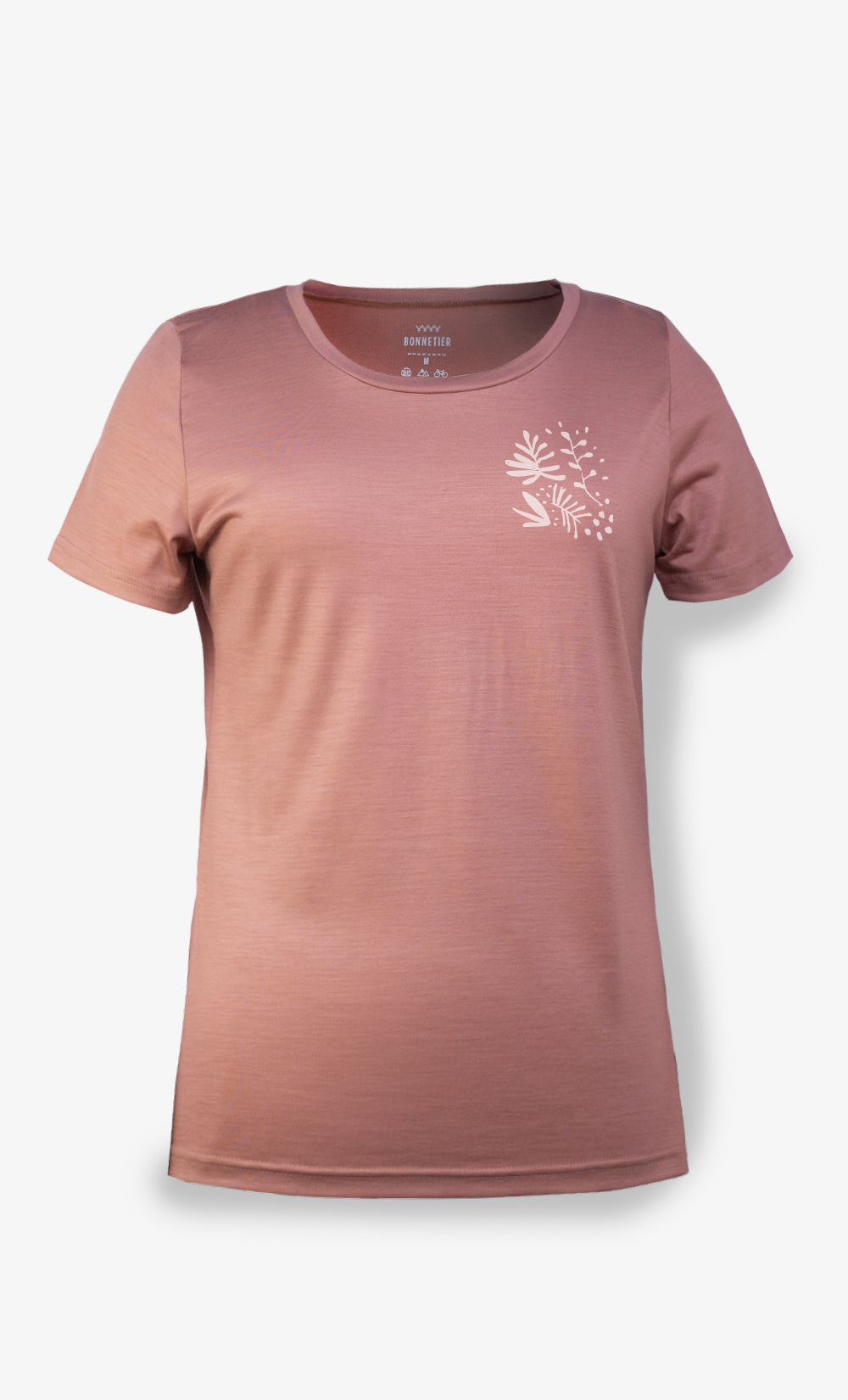 T-shirt femme en laine de mérinos saumon avec imprimé floral blanc Bonnetier