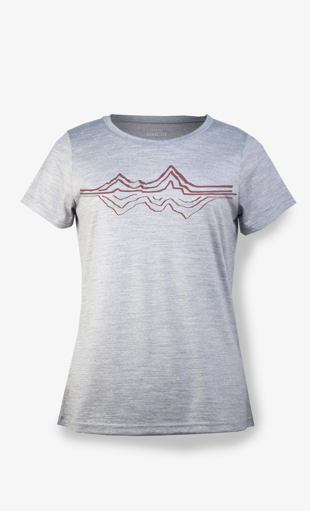 T-shirt femme en laine de mérinos gris athlétique avec imprimé Montagne Réflex chandail ultra léger respirant fabriqué au Canada par Bonnetier.