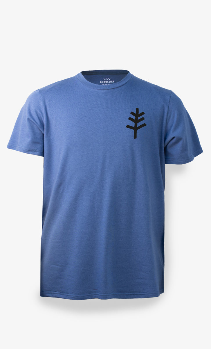 T-shirt homme bleu royal "Branche" fabriqué au Québec, en coton bio et spandex, avec impression écoresponsable et design contemporain.