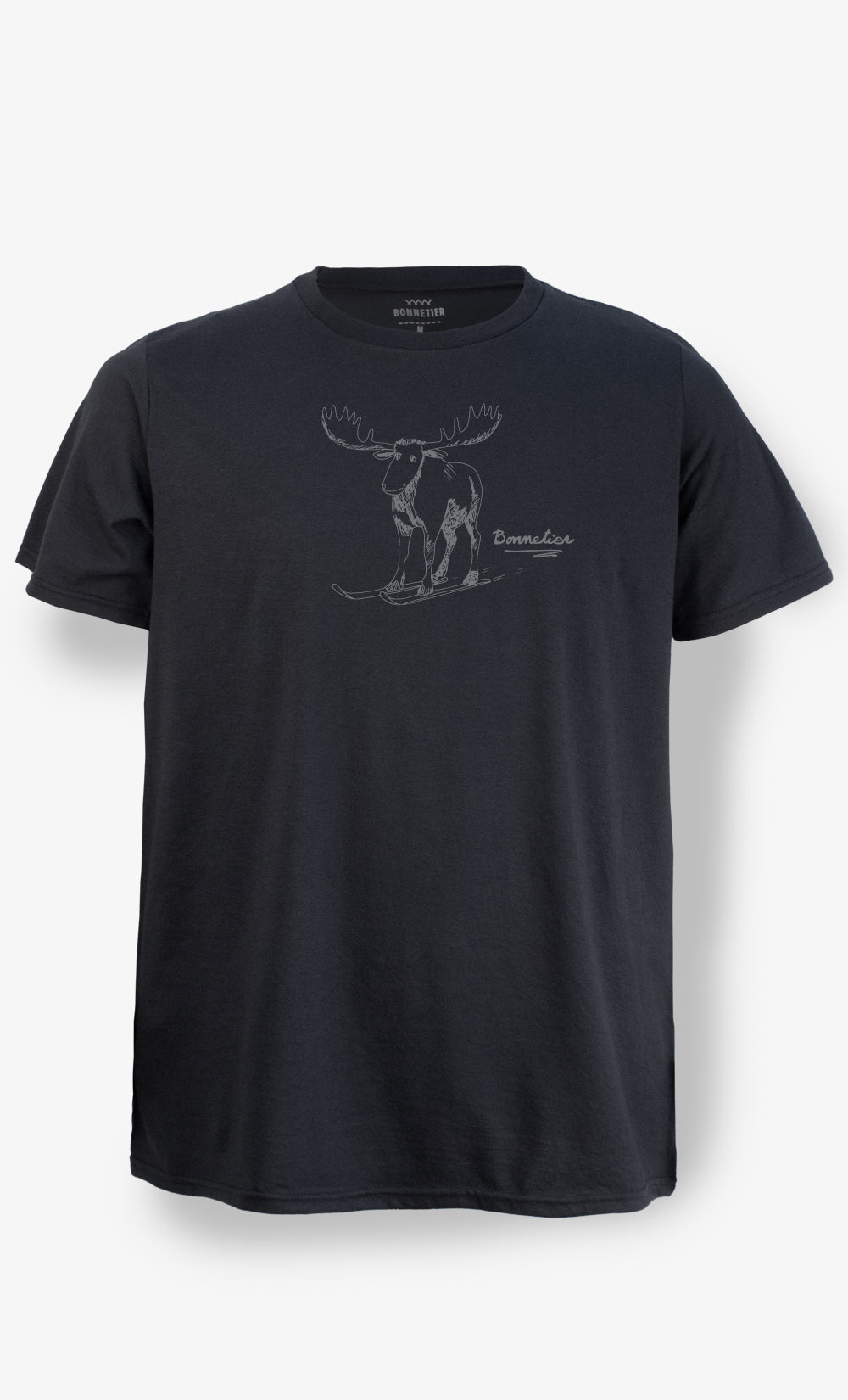 T-shirt noir homme en coton biologique avec imprimé orignal gris, coupe classique manches courtes.