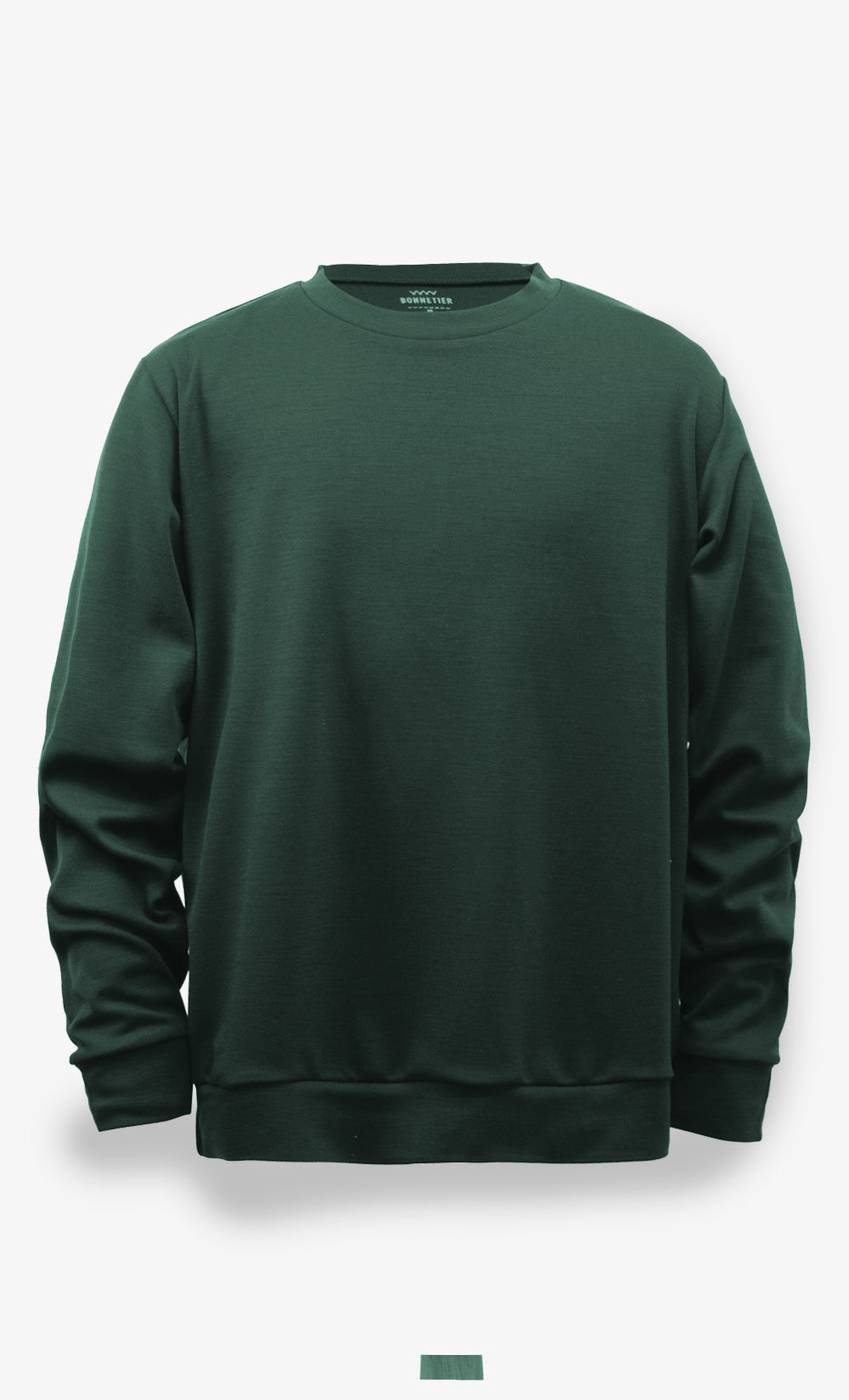 Chandail Atlas homme en laine mérinos brossée vert foncé à manches longues, fabriqué au Canada par BONNETIER.