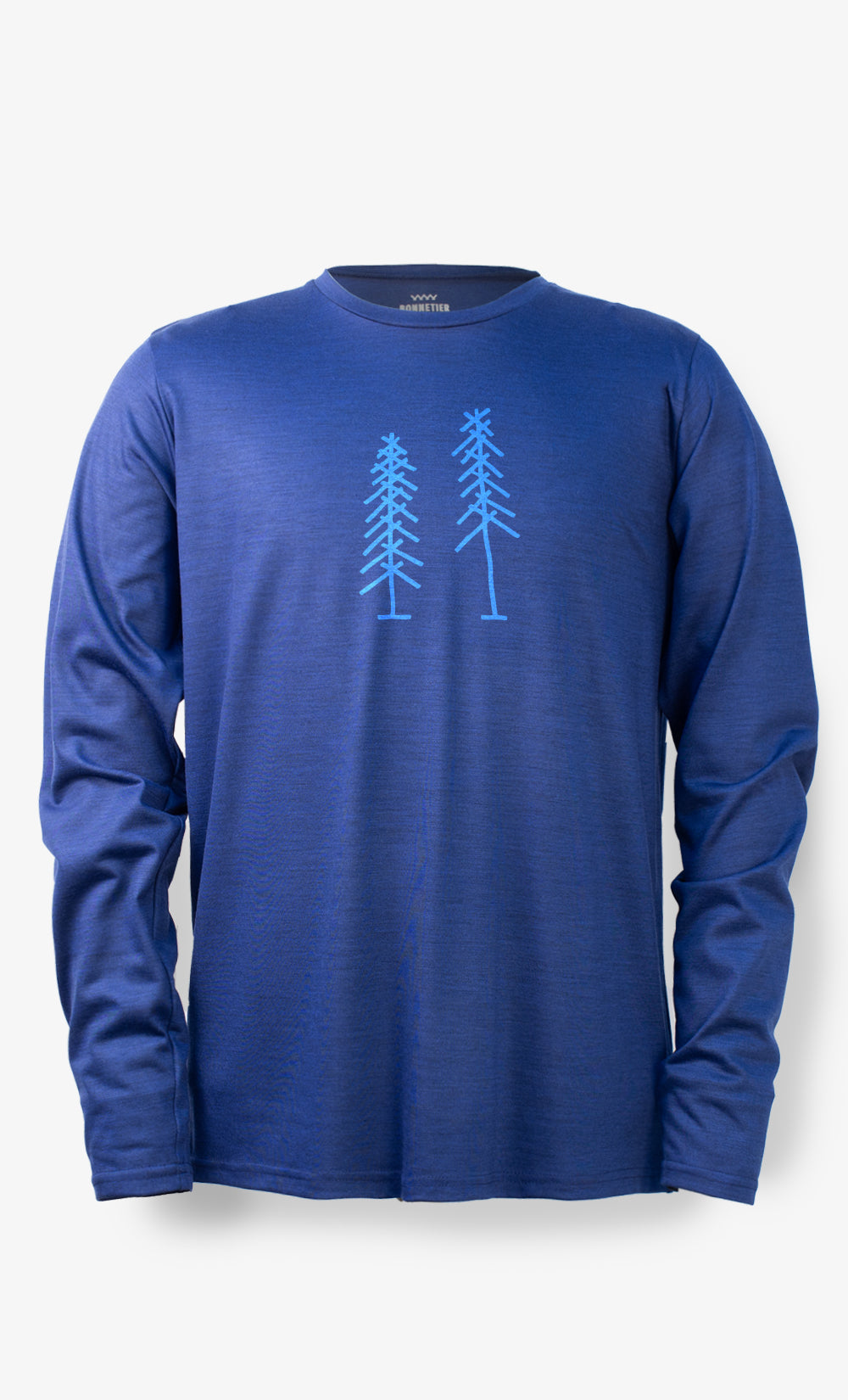 Chandail à manches longues en laine de mérinos BONNETIER bleu chiné avec imprimé Arbre de Noël bleu pâle, fabriqué au Canada.