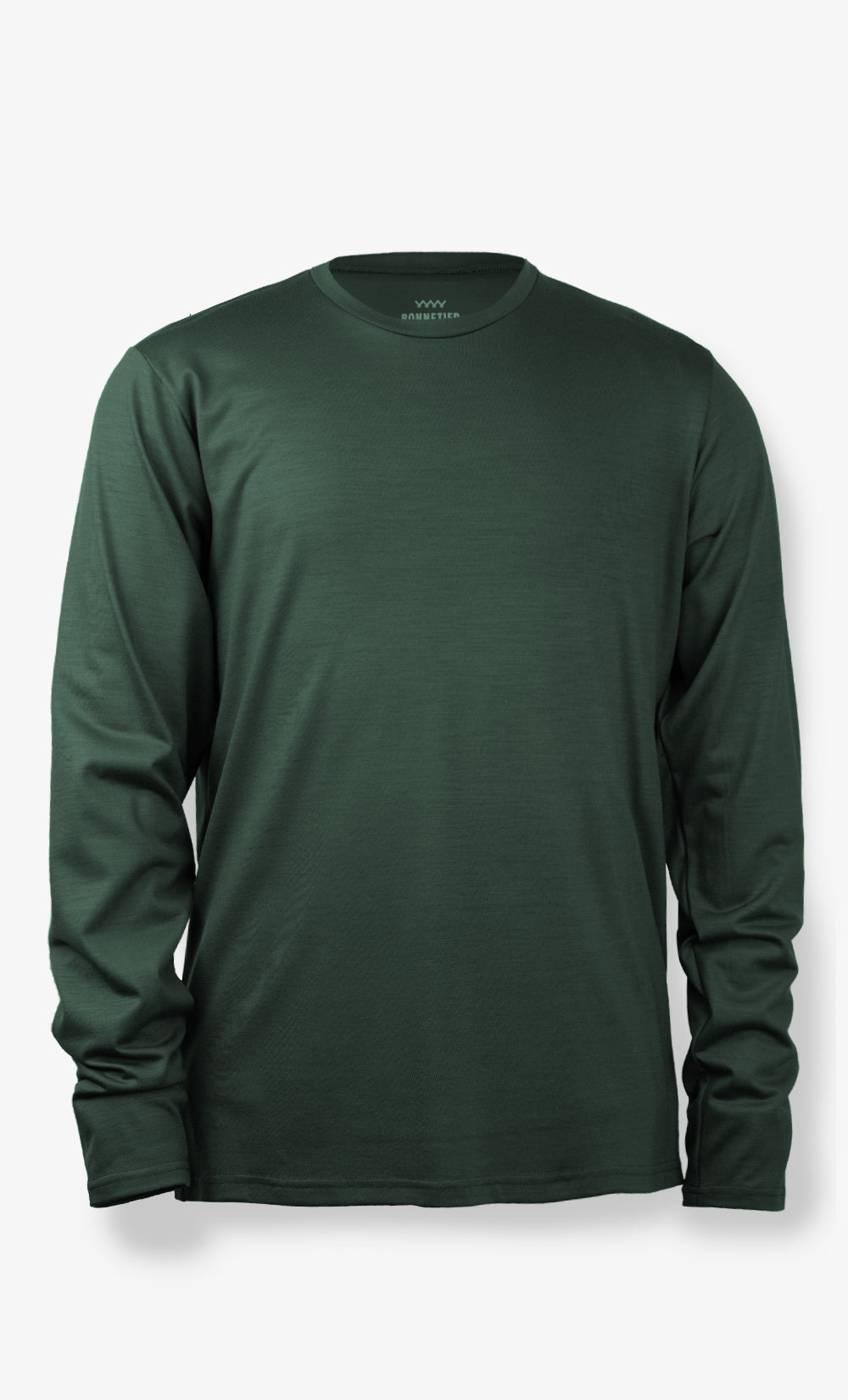 Chandail à manches longues en laine de mérinos vert foncé pour homme BONNETIER fabriqué au Canada.