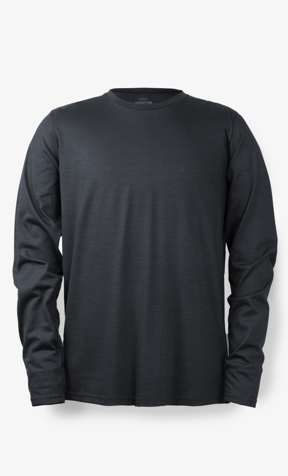 Chandail TechCrew homme en laine mérinos noir chiné avec imprimé Feuille, manches longues, fabriqué au Canada par BONNETIER.