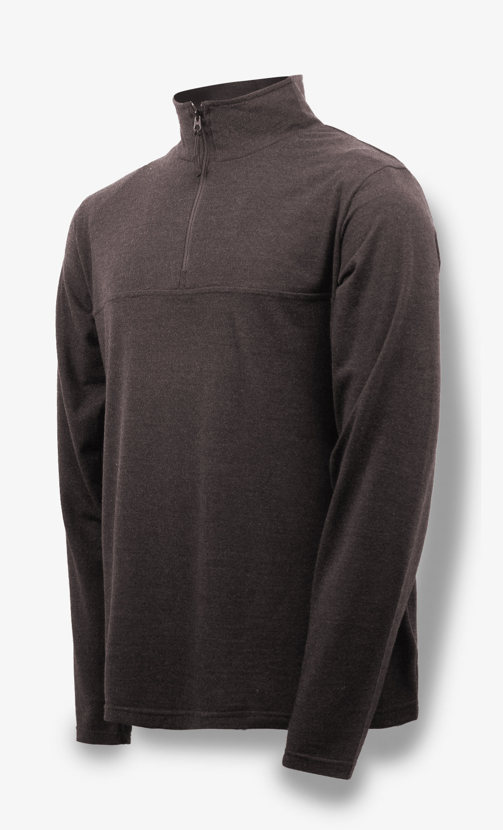 Demi-zip en laine mérinos brun pour homme avec col montant et fermeture éclair, fabriqué au Canada.