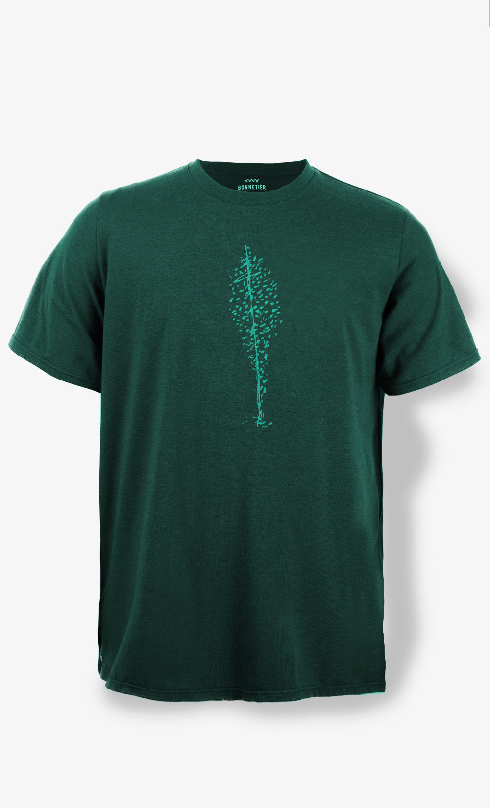 T-shirt homme vert foncé BONNETIER en coton organique avec imprimé Arbre Feuille turquoise sur la poitrine, fabriqué au Canada.