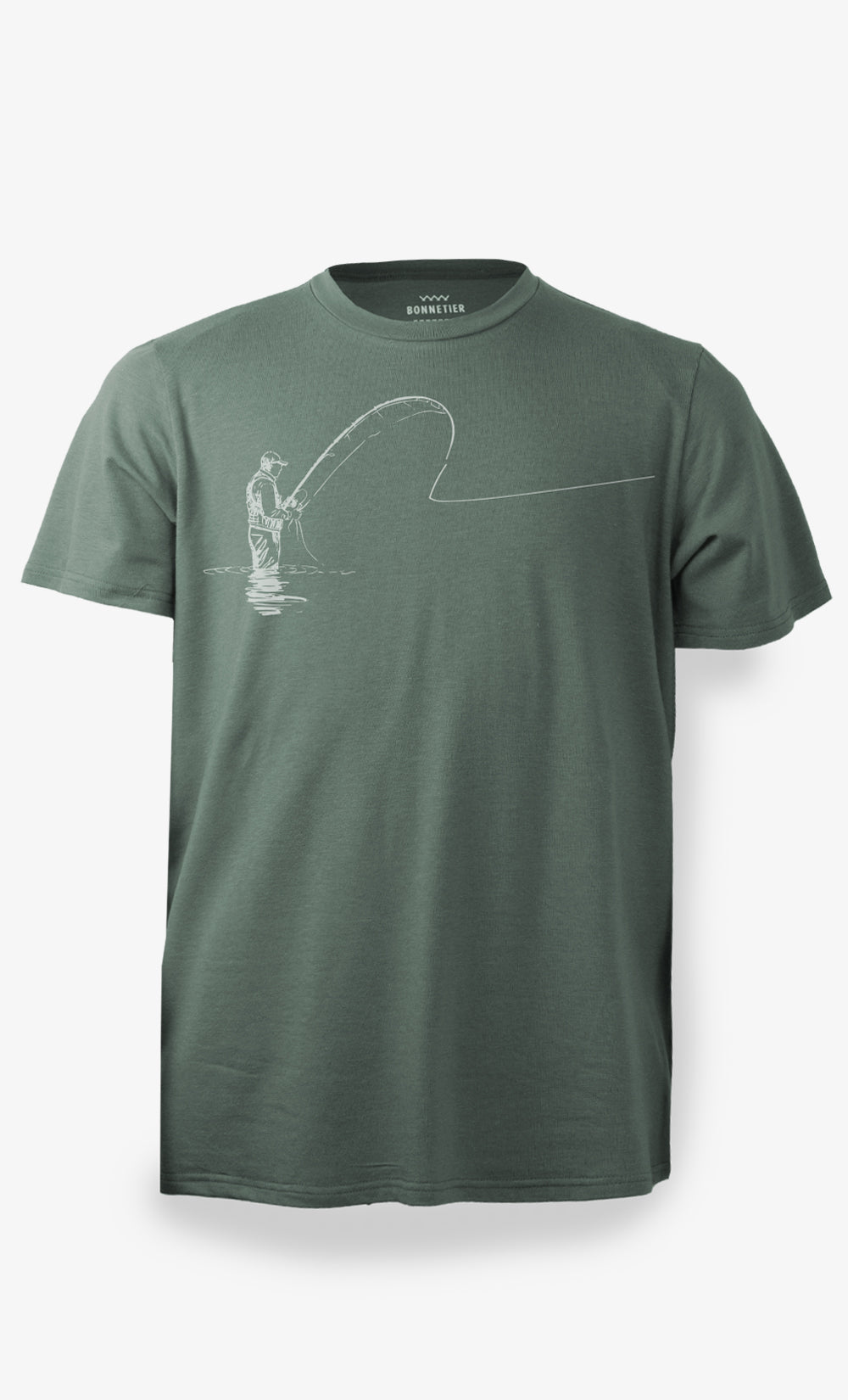 T-shirt homme sauge avec imprimé pêche en coton biologique et polyester recyclé fabriqué au Canada